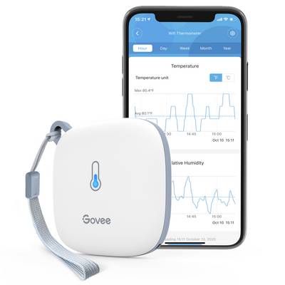 Smartphone zeigt Temperatur- und Luftfeuchtigkeitsgrafiken von einem Thermometergerät. Datenverlauf, maximale Temperatur und Luftfeuchtigkeit sichtbar.
