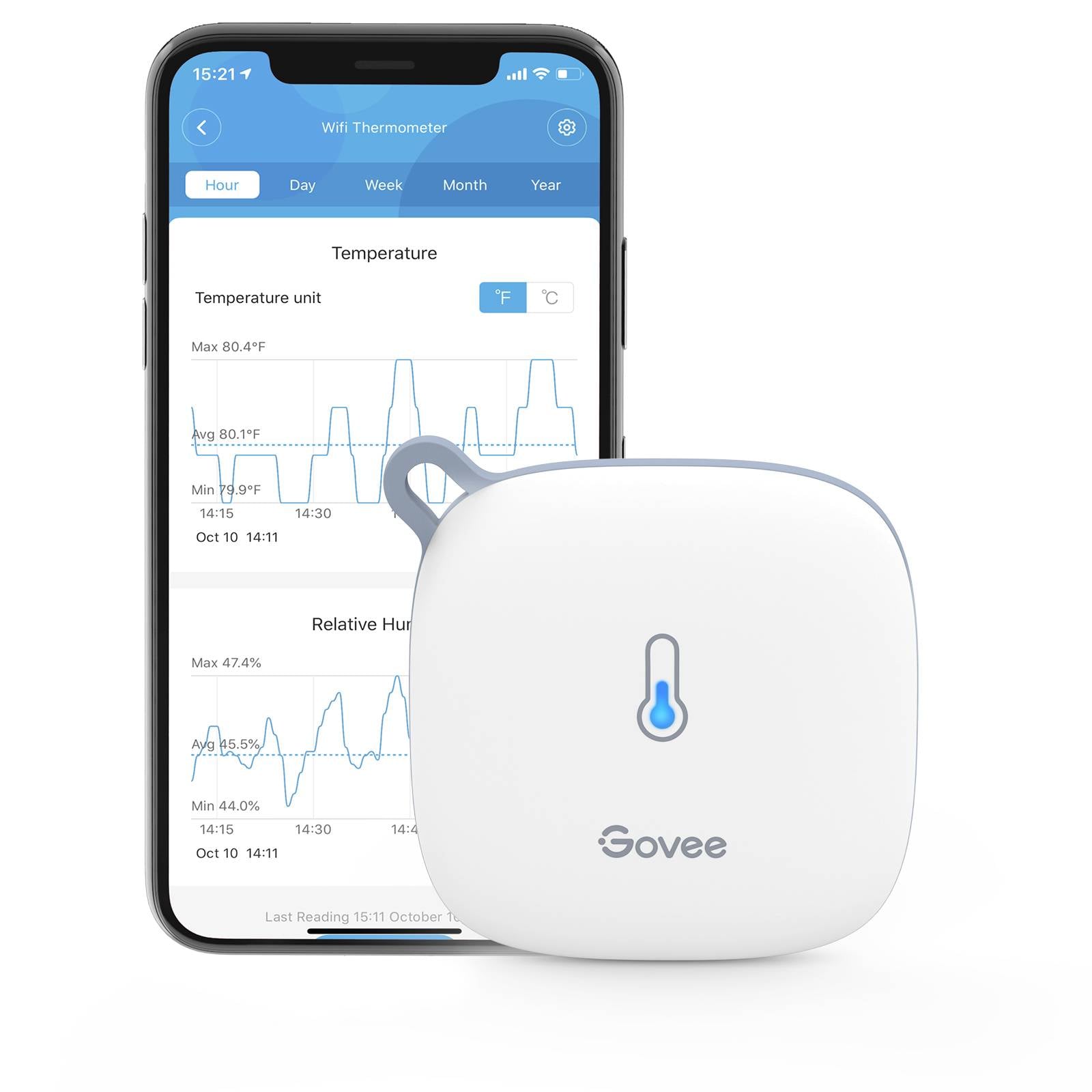 Ein digitales Thermometer vor einem Smartphone, das eine Temperaturüberwachungs-App zeigt. Diagramme für Temperatur und Luftfeuchtigkeit sind sichtbar.