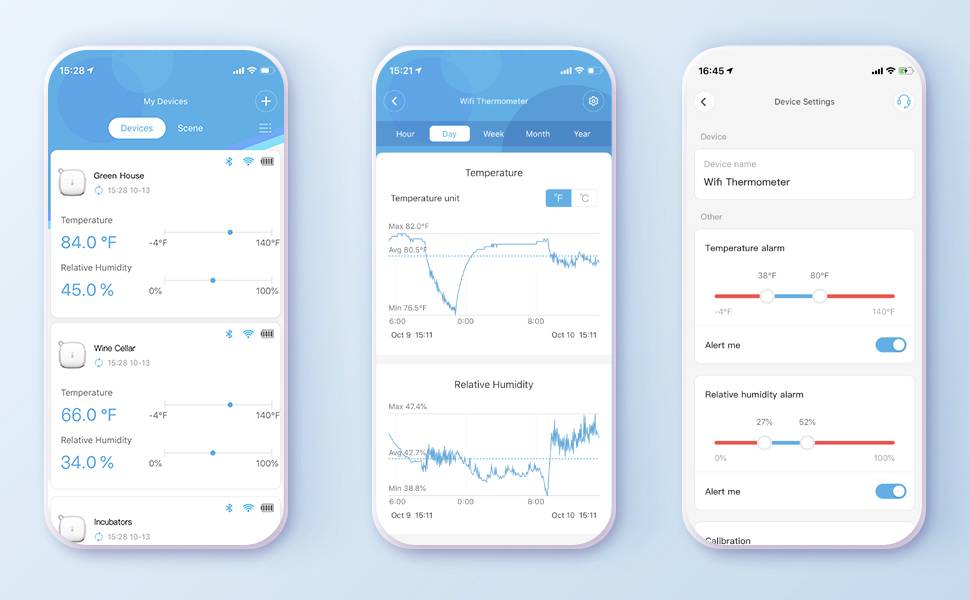 Drei Smartphone-Bildschirme zeigen eine App zur Überwachung von Temperatur und Luftfeuchtigkeit mit Diagrammen und Einstellungsmöglichkeiten.