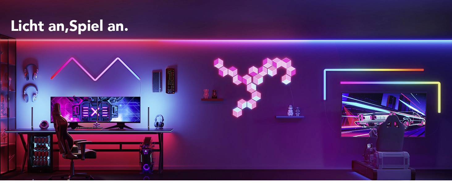 Spielzimmer mit zwei Gaming-Stationen und bunten LED-Leuchten an den Wänden. Oben links steht 'Licht an, Spiel an'.