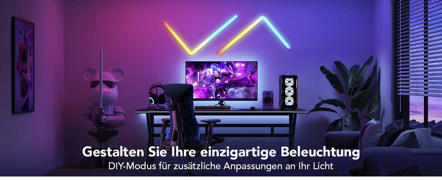 'Computertisch mit bunt beleuchteten Monitoren und LED-Streifen. Text: Gestalten Sie Ihre einzigartige Beleuchtung. DIY-Modus verfügbar.'