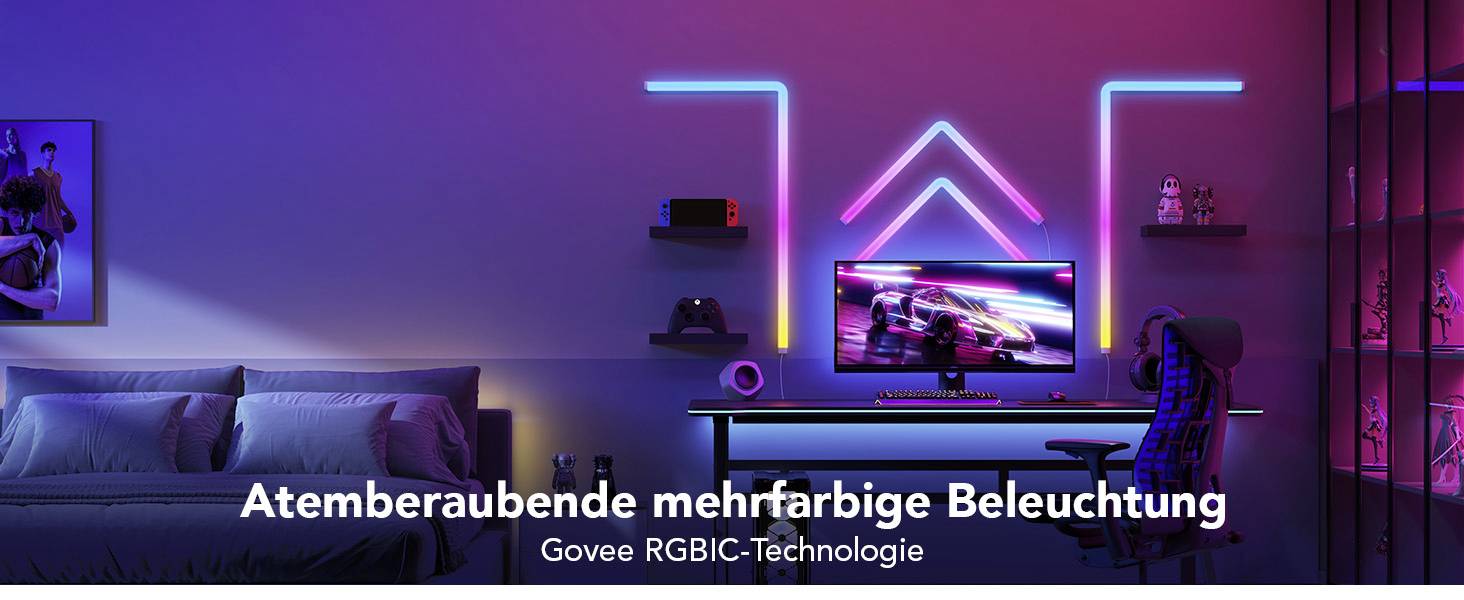 Modernes Zimmer mit mehrfarbiger LED-Beleuchtung. Schreibtisch mit Monitor zeigt buntes Rennspiel. Warmes Licht betont Dekor.