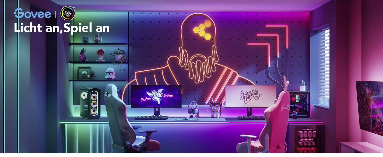 LED-beleuchtetes Gaming-Zimmer mit Neon-Wandkunst, zwei Gaming-Stühlen und RGB-Beleuchtung. Text: 'Licht an, Spiel an'.