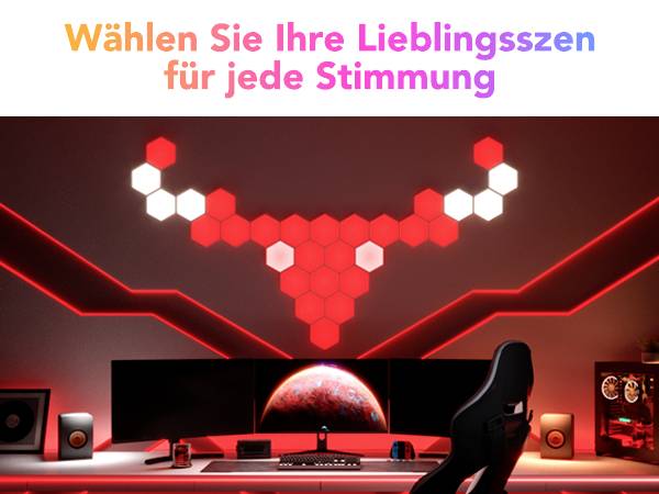 'Wählen Sie Ihre Lieblingsszenen für jede Stimmung.' Ein Gaming-Schreibtisch mit Monitoren, RGB-Tastatur, Lautsprechern und leuchtenden Wandpaneelen.