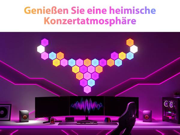 Beleuchtetes Gaming-Setup mit leuchtenden Hexagon-Paneelen an der Wand, RGB-Beleuchtung und einem Desktop-PC auf dem Schreibtisch.