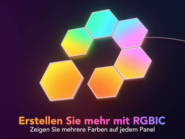 'Sechseckige LED-Panels in verschiedenen Farben angeordnet. Text: Erstellen Sie mehr mit RGBIC. Zeigen Sie mehrere Farben auf jedem Panel.'