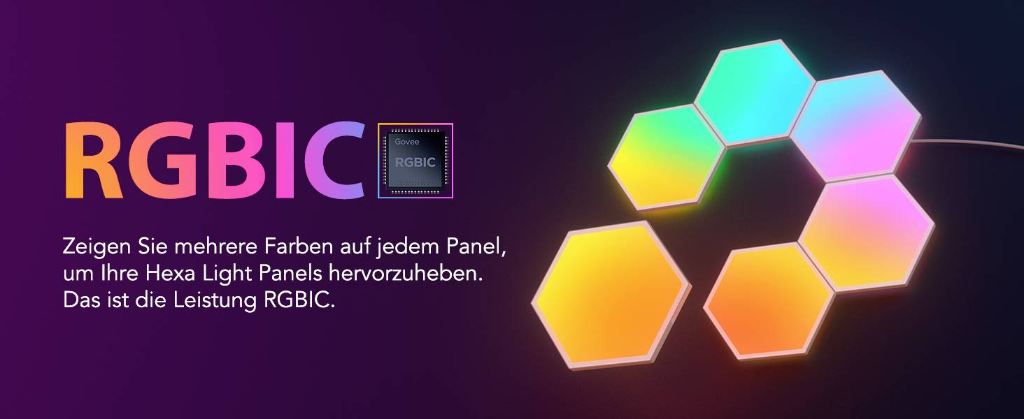 RGBIC-Leuchtpaneele in sechseckiger Form leuchten in bunten Farben. Text: 'Zeigen Sie mehrere Farben auf jedem Panel... Leistung RGBIC'.