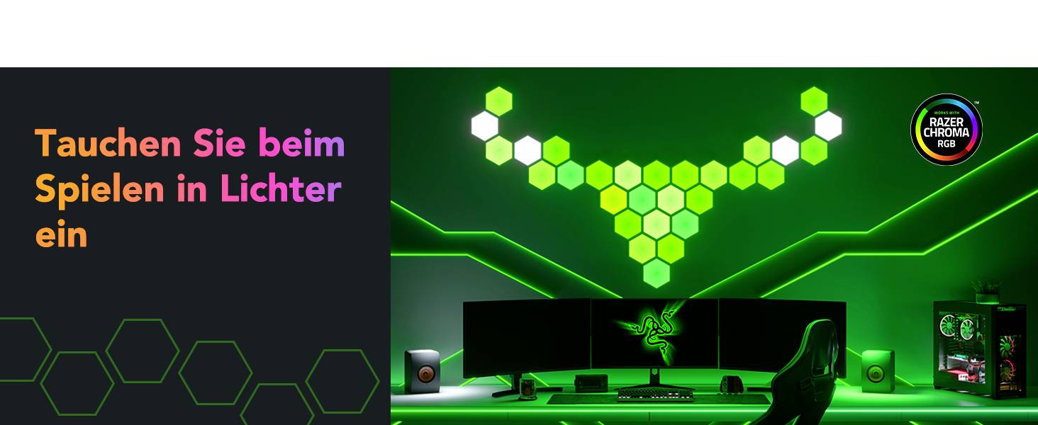 Beleuchteter Gaming-Schreibtisch mit Monitoren, Tastatur und Lautsprechern. Text: 'Tauchen Sie beim Spielen in Lichter ein'.