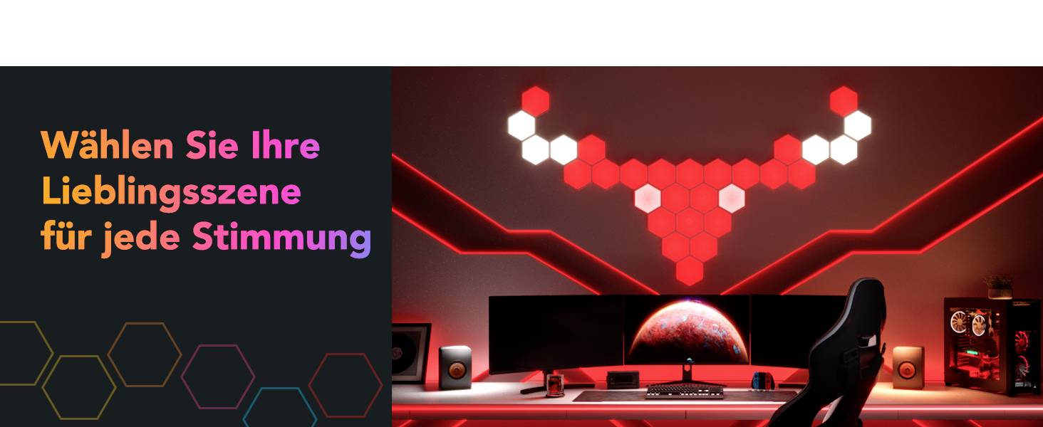 Eine moderne Gaming-Setup-Szene mit sechseckigen LED-Leuchten an der Wand. Text auf der linken Seite: 'Wählen Sie Ihre Lieblingsszene für jede Stimmung'.