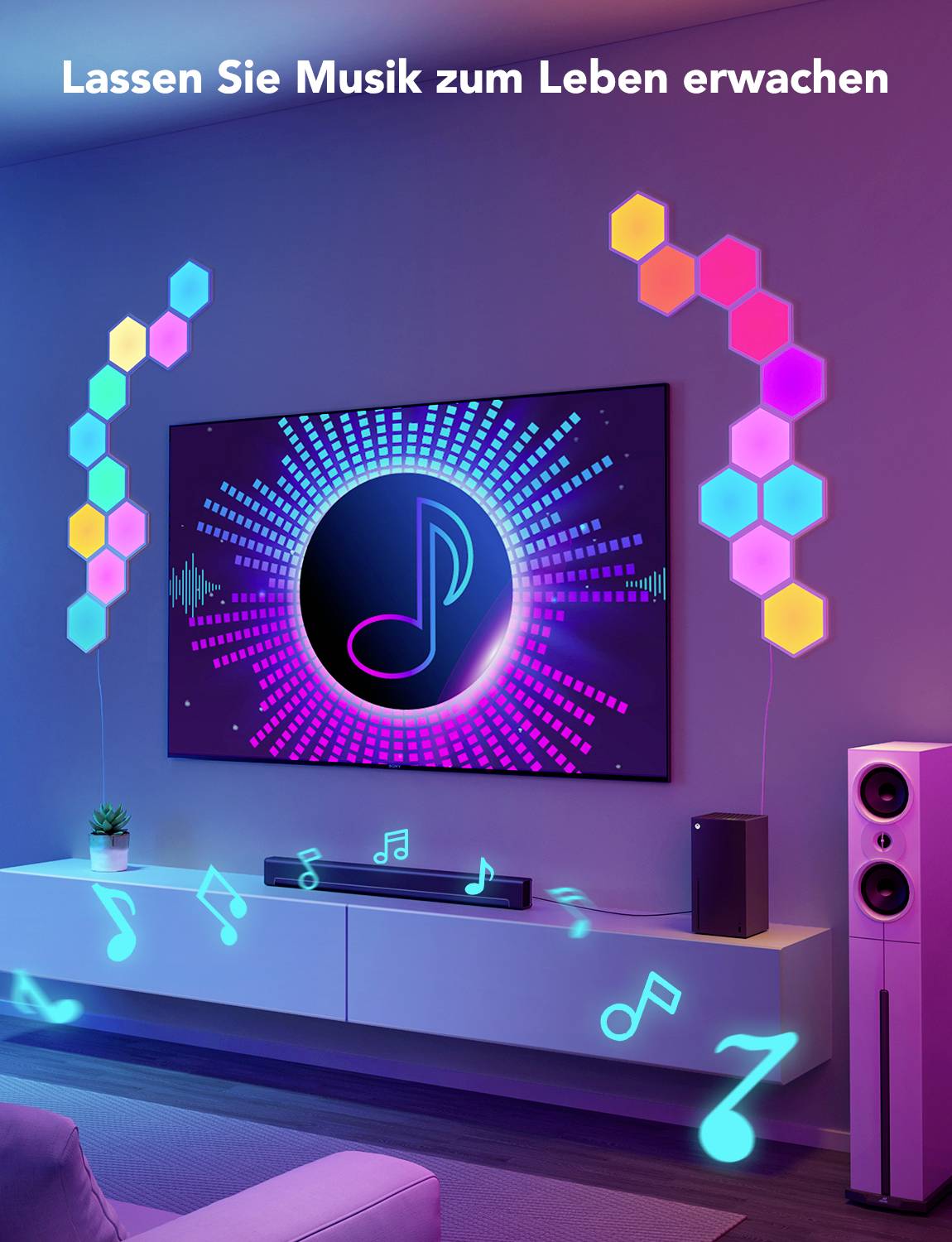 Ein modernes Wohnzimmer mit bunter LED-Beleuchtung und Notensymbolen; Text oben: 'Lassen Sie Musik zum Leben erwachen'.