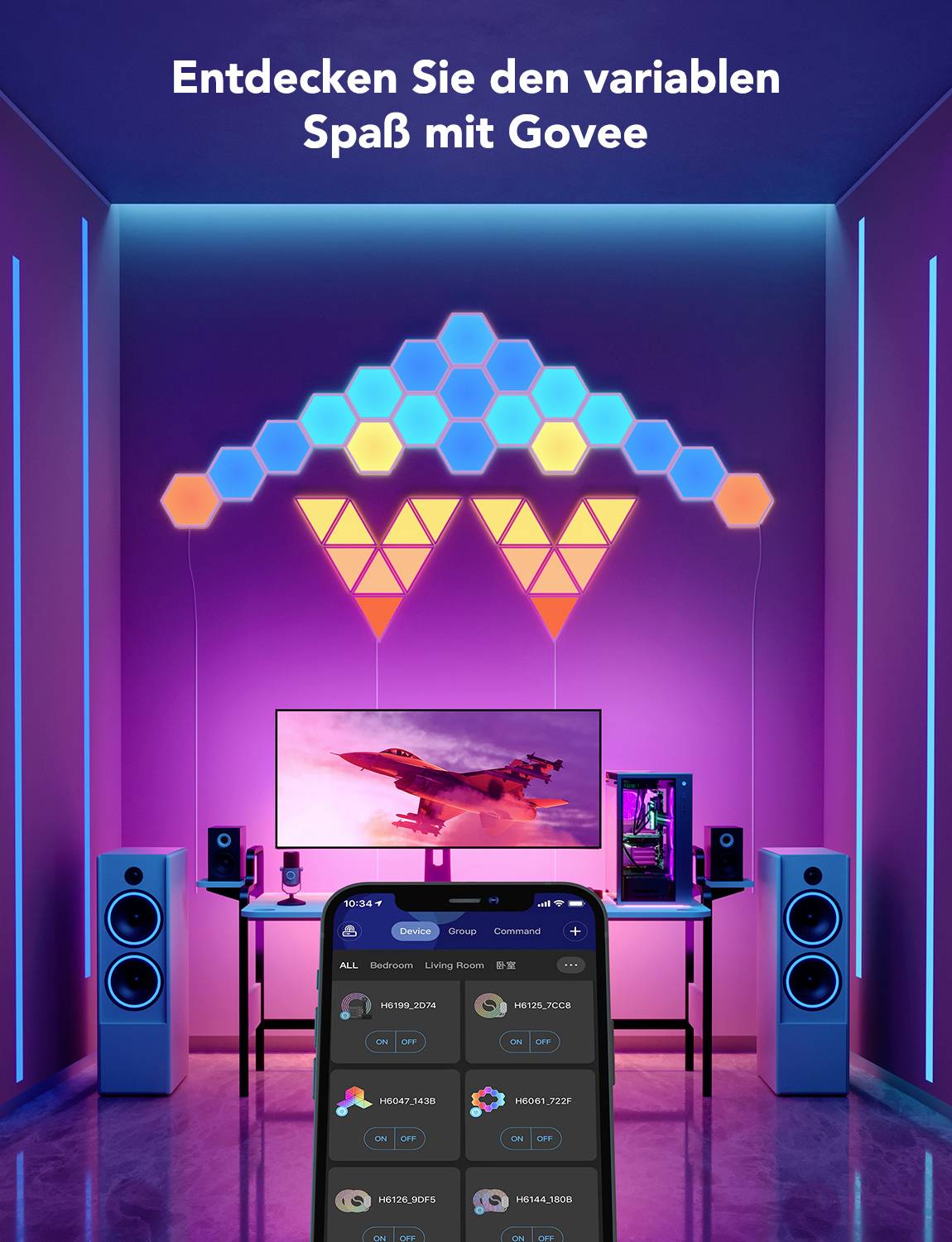 'RGB-Beleuchtung im Gaming-Zimmer mit Hexa-Panels an der Wand, PC-Setup und Lautsprechern; Smartphone-App steuert Lichter.'