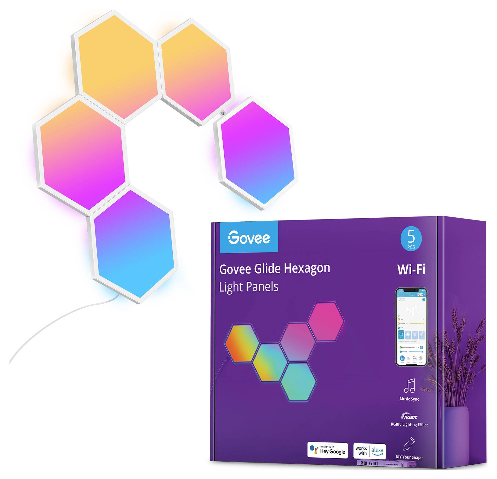 Govee Glide Sechseck-Leuchtpaneele: Fünf verbundene Paneele, die sanfte Regenbogenfarben ausstrahlen. Verpackungsbox im Vordergrund.