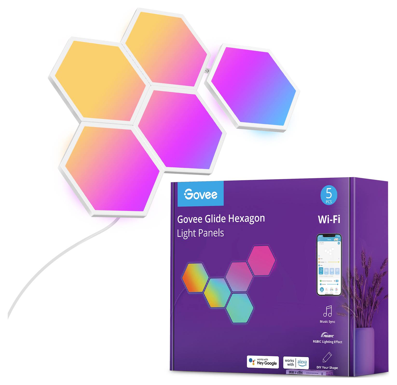 Hexagonale LED-Lichtpaneele in lebhaften Farben. Verpackung zeigt Produktinformationen und Steuerungsoptionen via App. Ideal für kreative Beleuchtung.