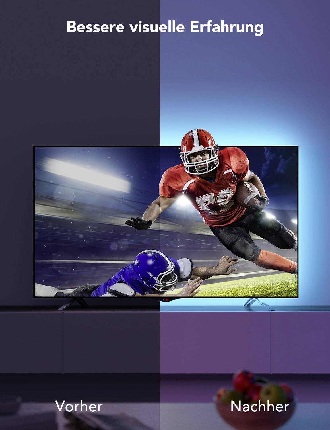 'Bessere visuelle Erfahrung' zeigt einen Fernseher, der ein American Football-Spiel darstellt, geteilt in 'Vorher' und 'Nachher'.