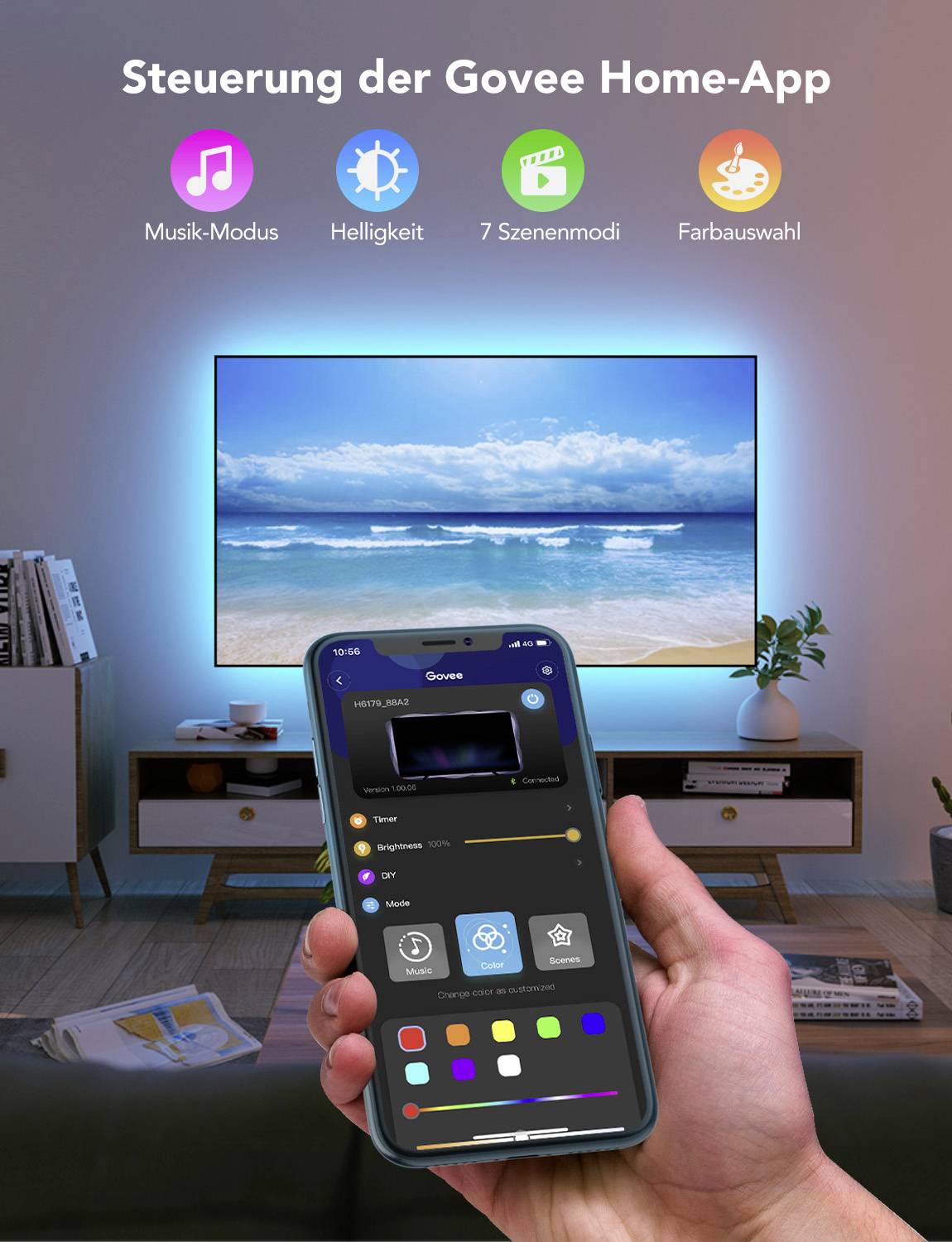Eine Hand hält ein Smartphone mit der geöffneten Govee-App, gesteuert werden Beleuchtungseinstellungen im Raum. Fernseher im Hintergrund.