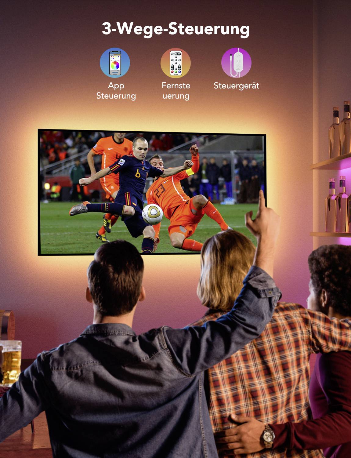 Eine Gruppe von Menschen sieht zusammen ein Fußballspiel im Fernsehen. Oben stehen Symbole, die '3-Wege-Steuerung' darstellen.