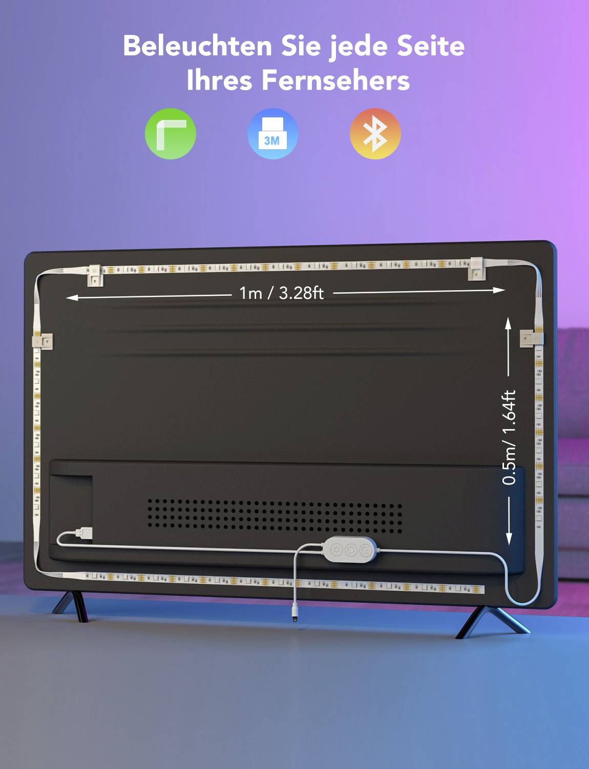 'LED-Streifen-Beleuchtung für TV, flexibles Design für jede TV-Seite, mit Bluetooth-Steuerung und App-Kompatibilität.'