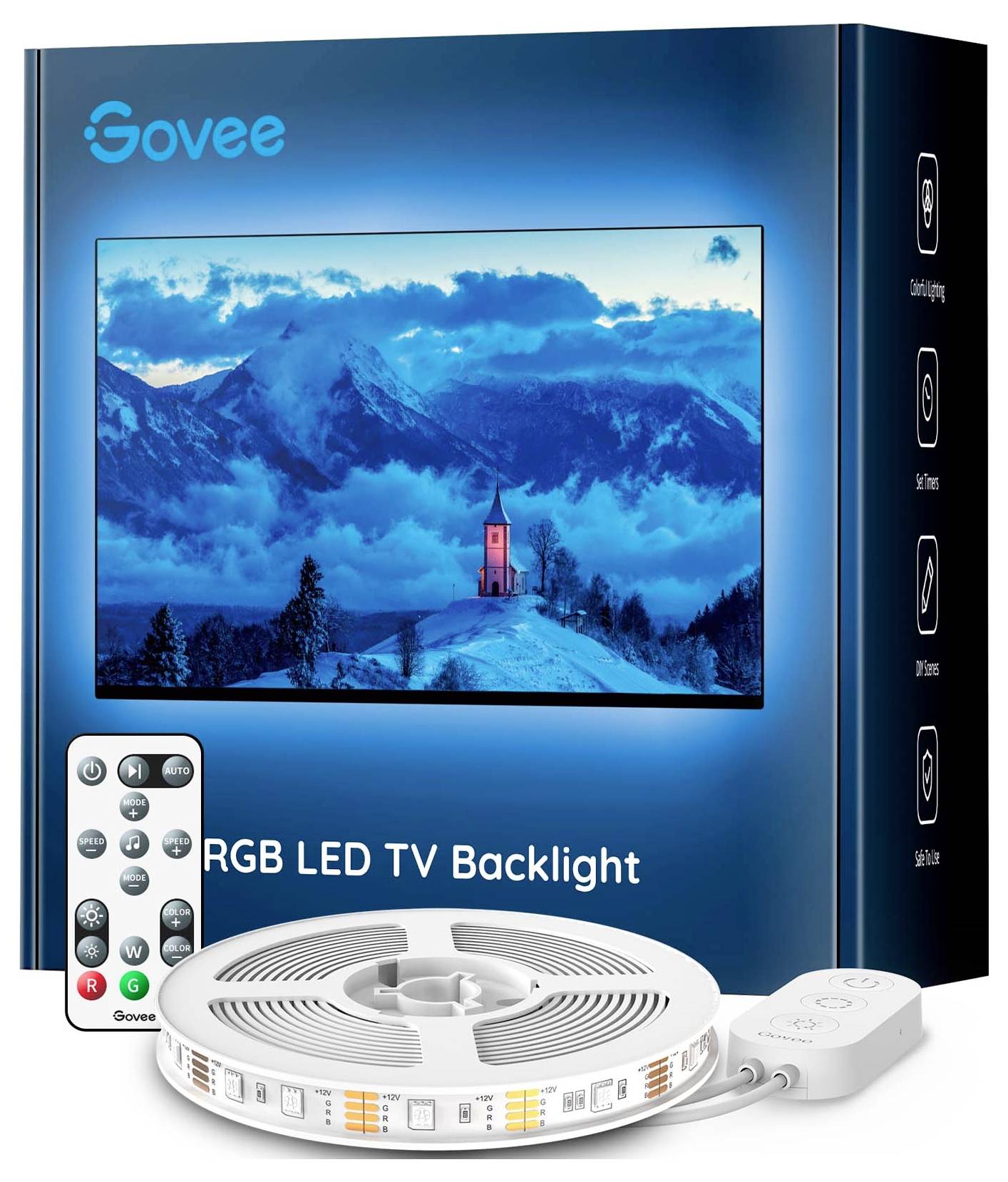 Verpackung einer RGB LED-TV-Hintergrundbeleuchtung von Govee, mit Fernbedienung und LED-Streifen, zeigt ein beleuchtetes Bergmotiv.
