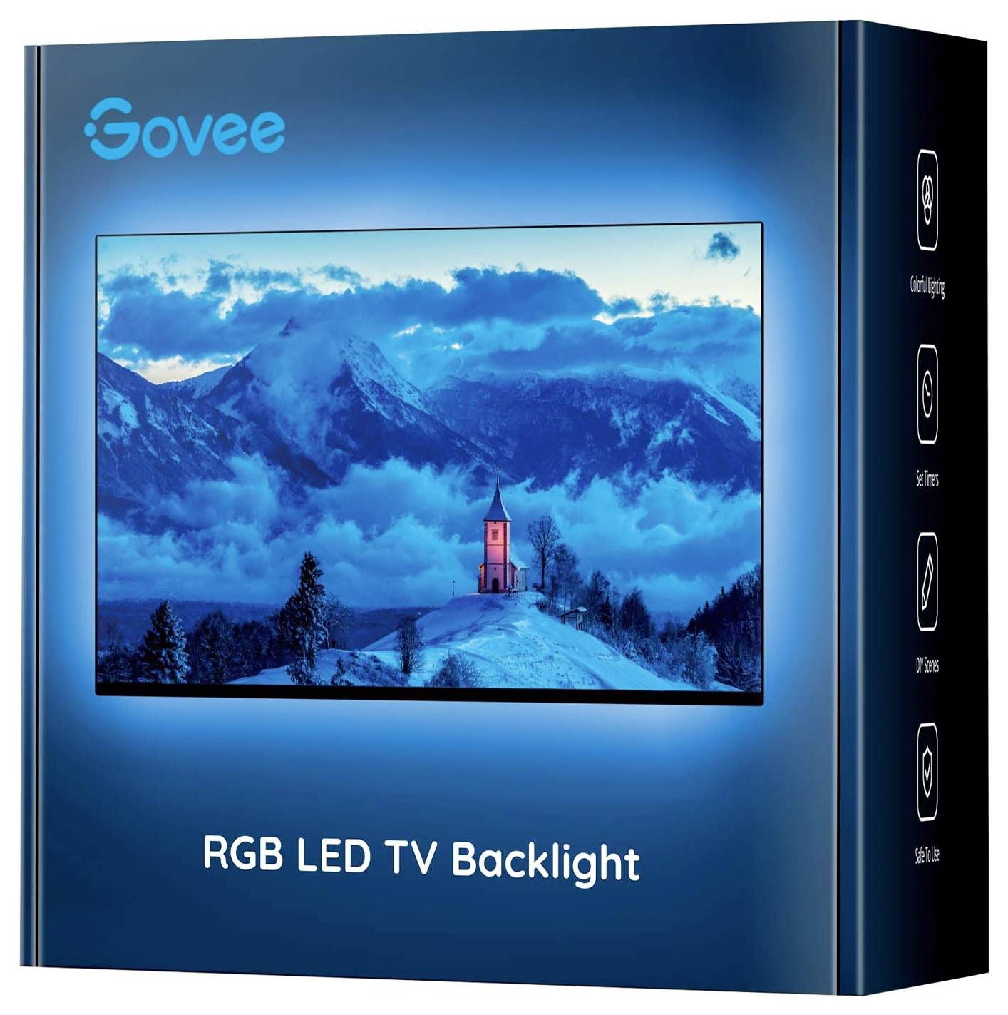 Die Verpackung zeigt eine Landschaft mit einem Berg und einer burgähnlichen Struktur im Schnee. Text: 'RGB LED TV Backlight'.