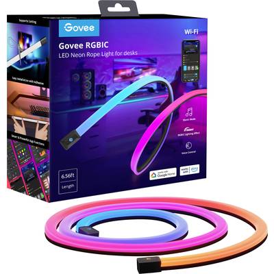 Verpackung eines Govee RGBIC LED Neon Lichtbands. Funktionen: steuerbar mit App, unterstützt Alexa und Google Assistant, 6,56 Fuß lang.