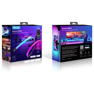 'Govee RGBIC LED Neon Rope Light for desks', zeigt bunte LED-Streifenlichter und App-Steuerung auf der Verpackung.