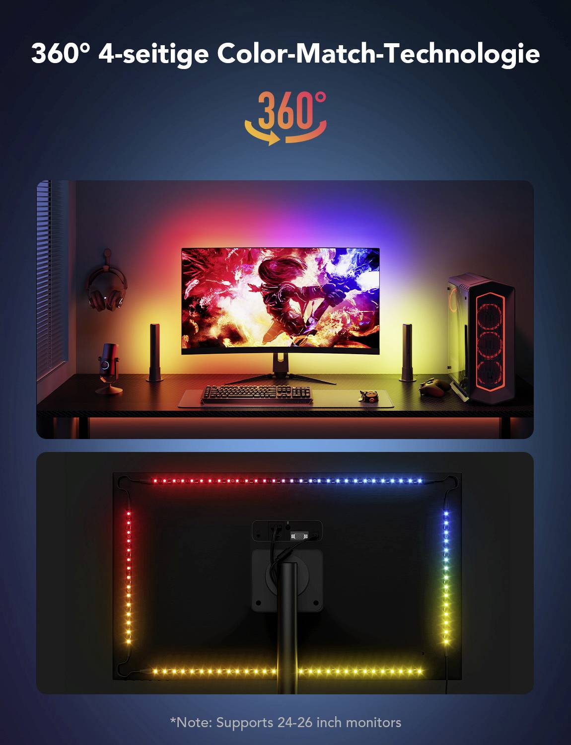 '360° 4-seitige Color-Match-Technologie' zeigt einen Monitor mit farbig synchronisierter LED-Beleuchtung für ein immersives Erlebnis. Unterstützt 24–26-Zoll-Monitore.