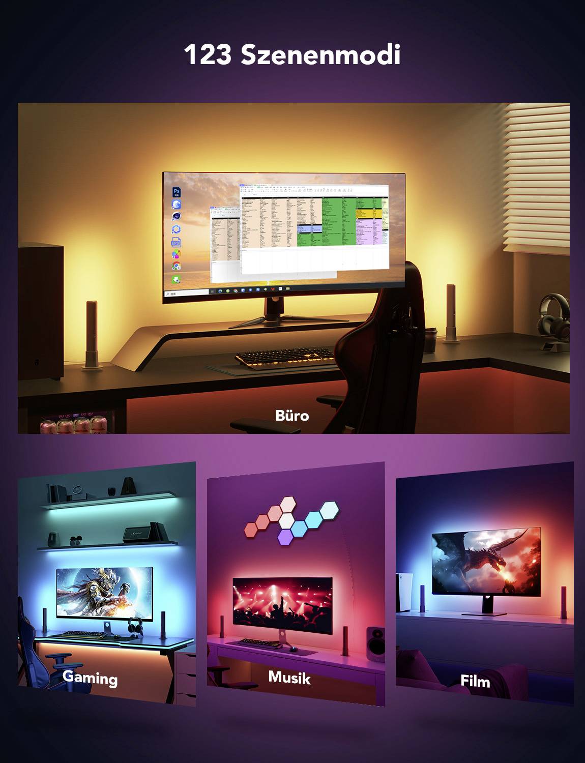 Monitor zeigt Bildbearbeitungssoftware. Drei Szenenmodi: 'Büro' mit warmem Licht, 'Gaming' mit blauem Licht, und 'Musik' mit rotem Licht.
