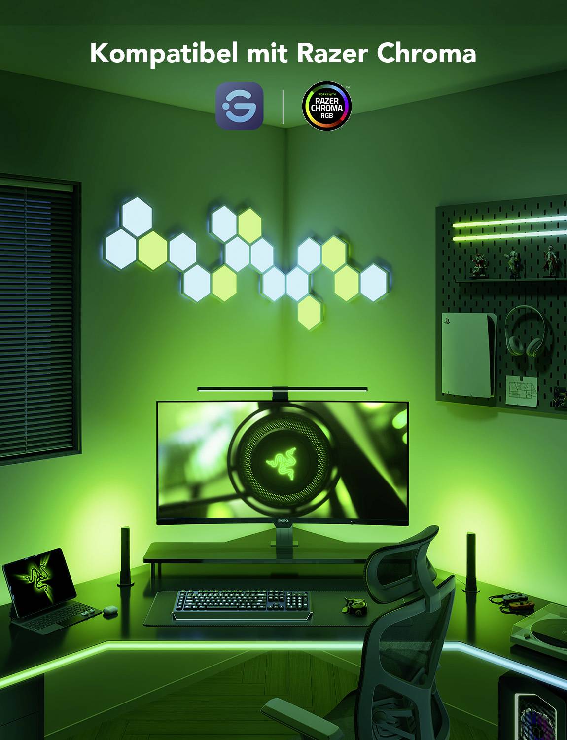 'Razer-beleuchtetes Gaming-Setup mit Monitor, Tastatur, Stuhl und Wanddekoration. Text: Kompatibel mit Razer Chroma.'