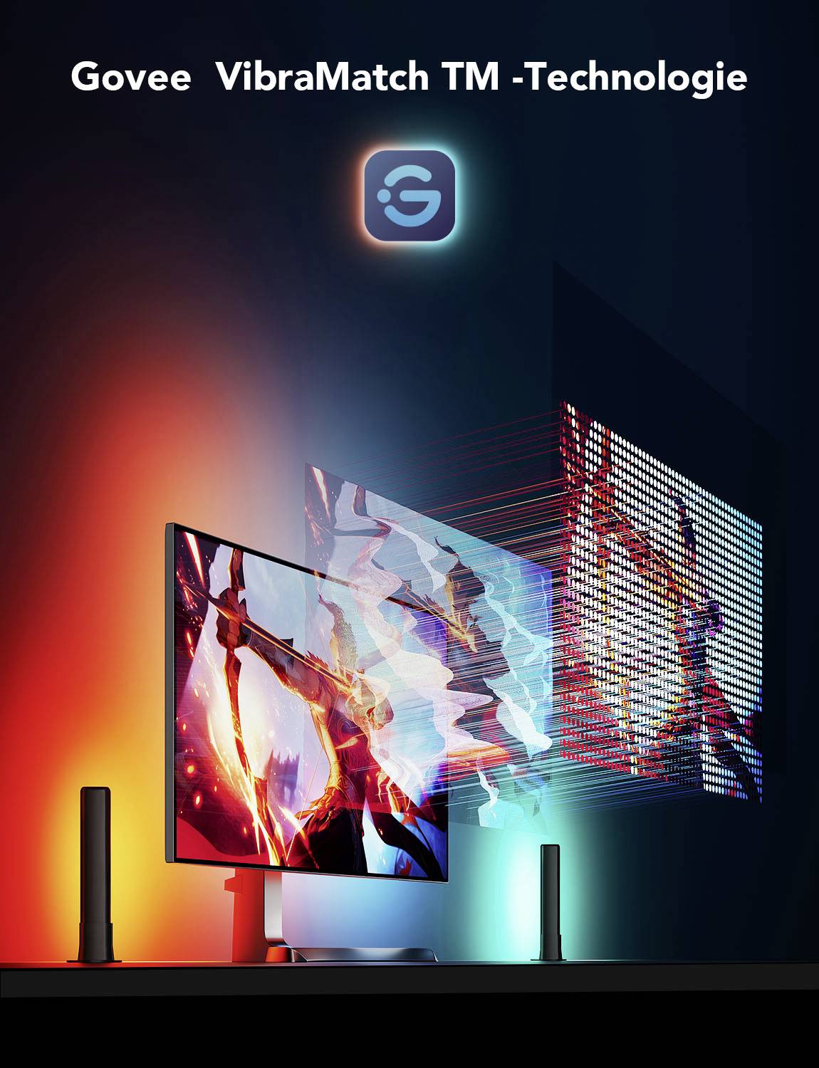Ein Bildschirm zeigt ein farbenfrohes Videospiel, umgeben von farbigen Lichtern. Oben der Text 'Govee VibraMatch TM-Technologie'.
