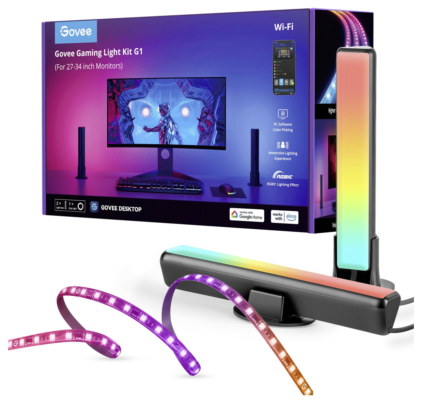 Govee Gaming Light Kit G1 für Monitore (27-34 Zoll). Enthält Lichtleiste und LED-Streifen, kompatibel mit PC und RGB-Beleuchtung.