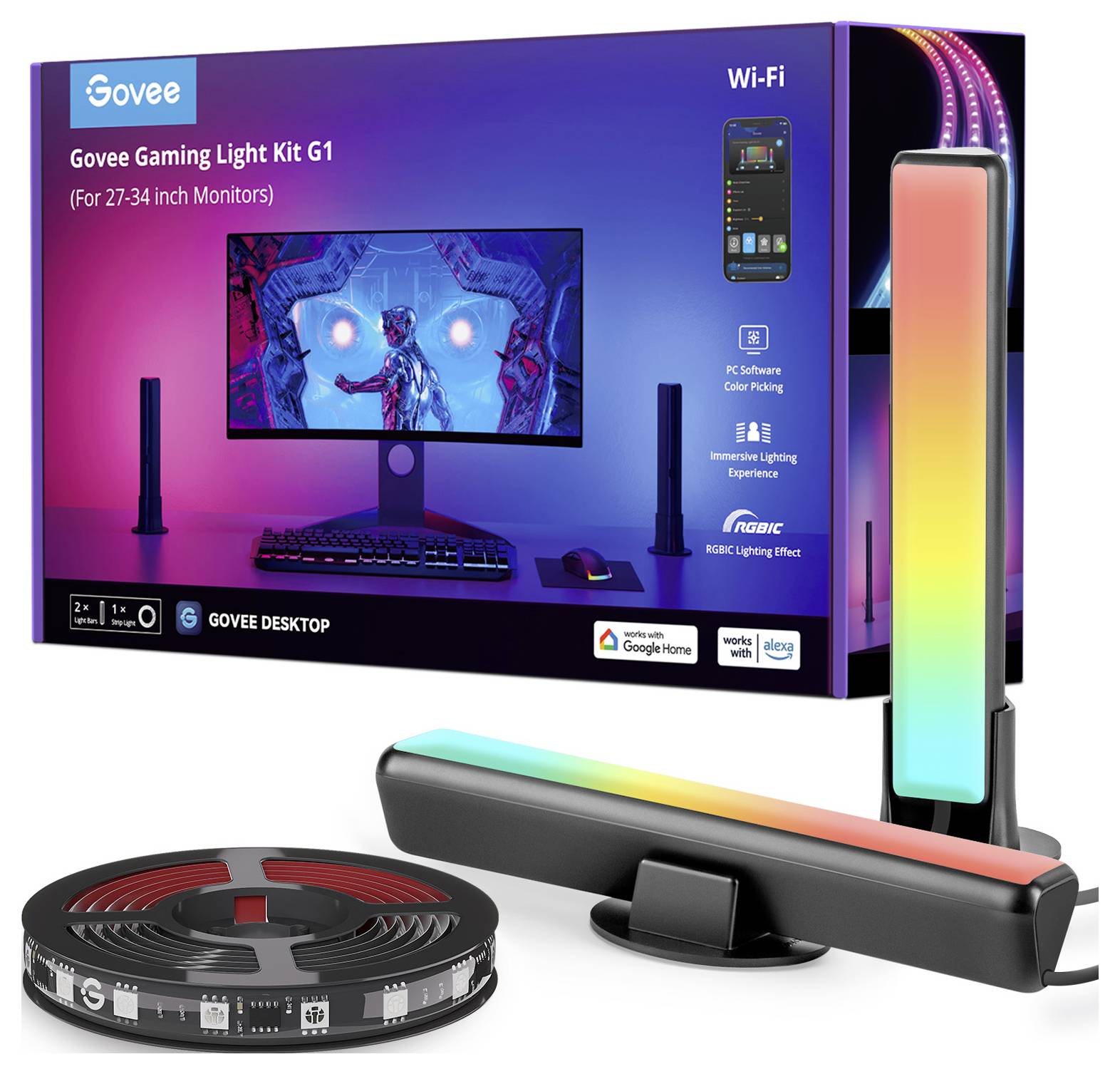 Govee Gaming Light Kit G1 für 27-34 Zoll Monitore, enthält Lichtleisten, LED-Streifen und App-gesteuerte Farboptionen.