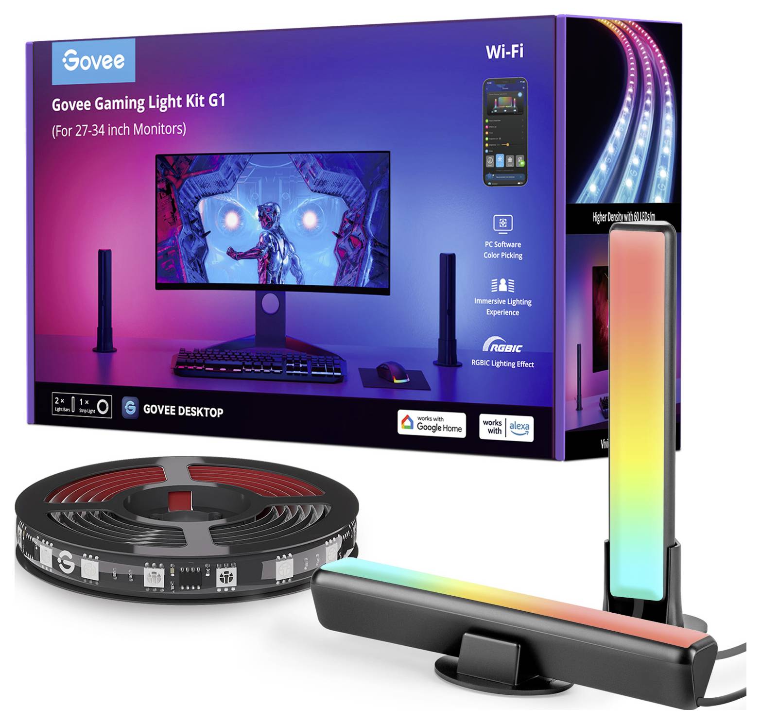 'Govee Gaming Light Kit G1' Verpackung mit LED-Lichtleisten für Monitore. Zeigt synchronisierte Beleuchtungseffekte für immersive Spielerlebnisse. Kompatibel mit Google Home und Amazon Alexa.