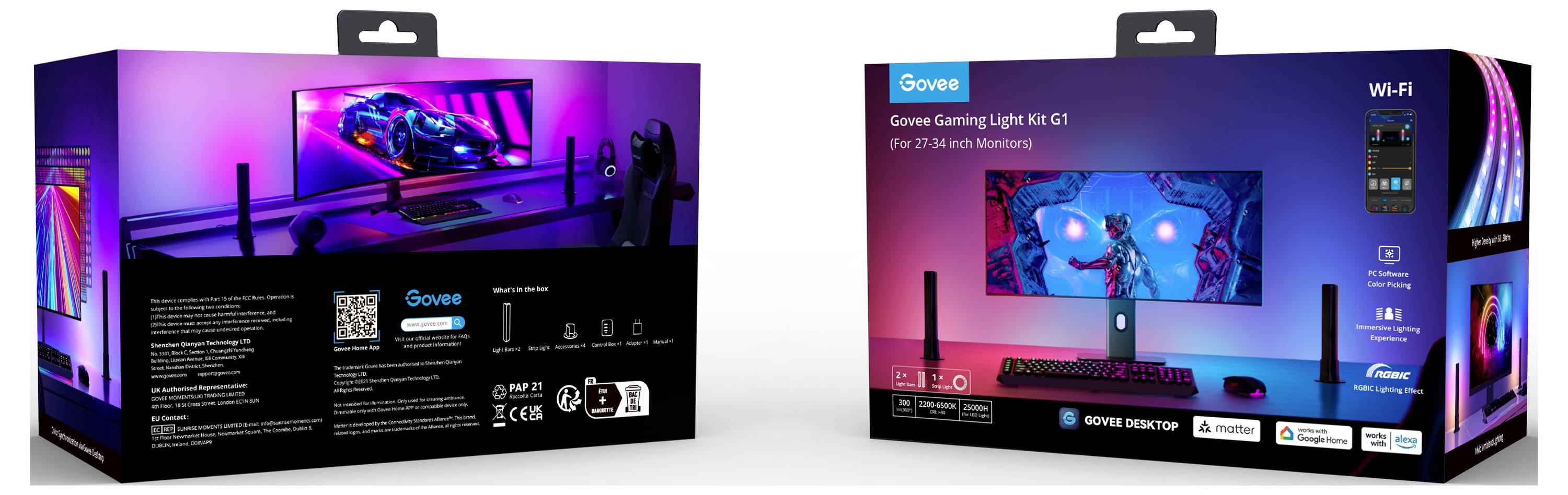 Zwei Verpackungen von Govee Gaming Light RGB G1 Sets. Jede Box zeigt ein Bild eines Monitors mit RGB-Lichtern und einer farbenfrohen Gaming-Szene.