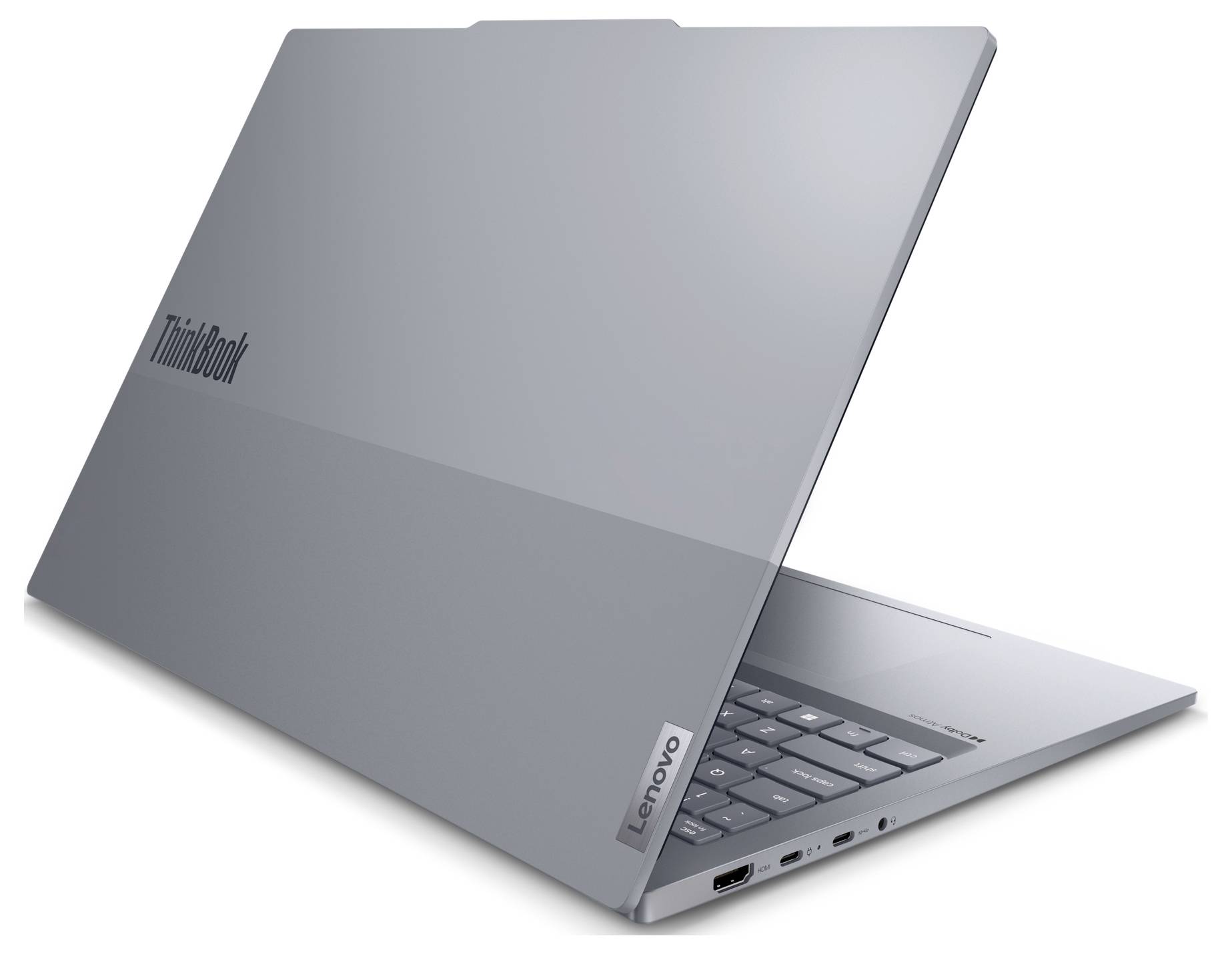Silberner Laptop mit leicht geöffnetem Display, Markenname 'ThinkBook' sichtbar auf der Abdeckung, zeigt mehrere Anschlüsse an der Seite.