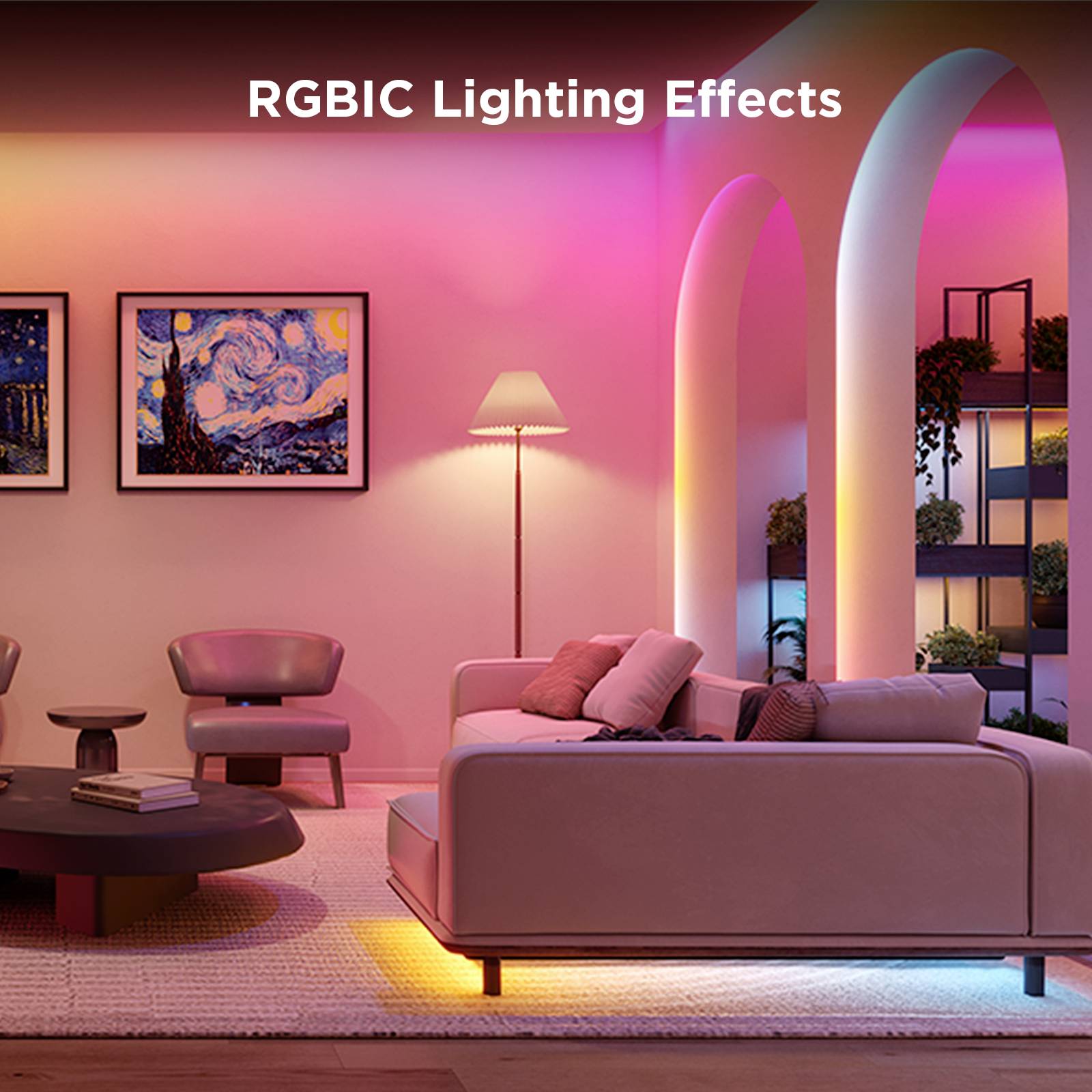 Wohnzimmer mit rosa und orange beleuchteten Wänden. Moderne Möbel: Sofa, Sessel, Tisch. An der Wand ein Gemälde. Text 'RGBIC Lighting Effects'.