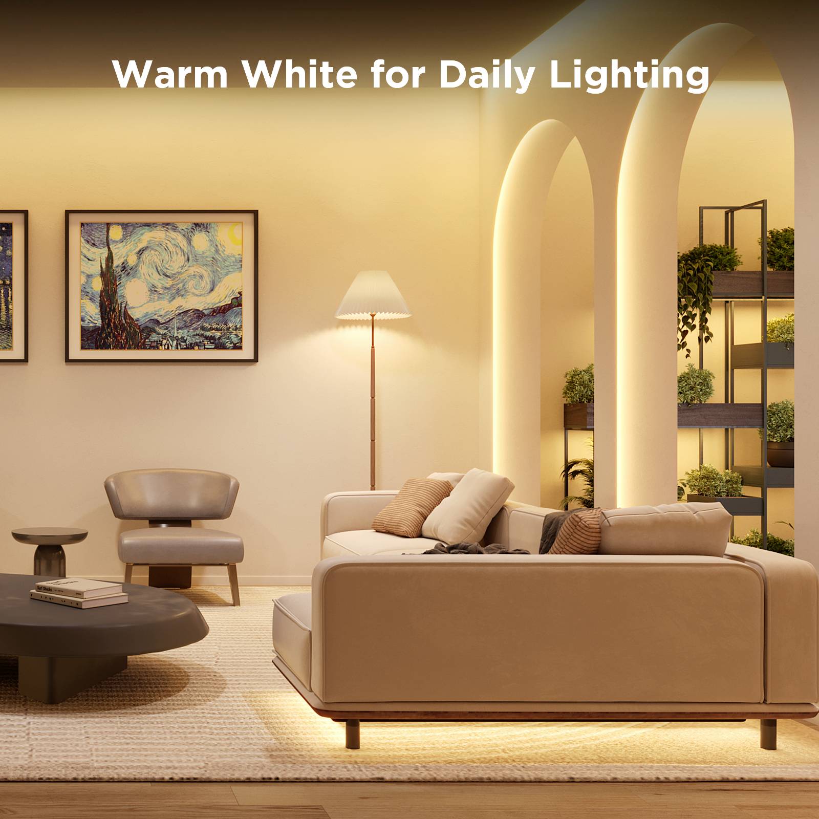 Gemütlich eingerichtetes Wohnzimmer mit Sofas, Sessel, Stehlampe und warmweißer Beleuchtung. An der Wand zwei gerahmte Bilder. Oben Text: 'Warm White for Daily Lighting'.
