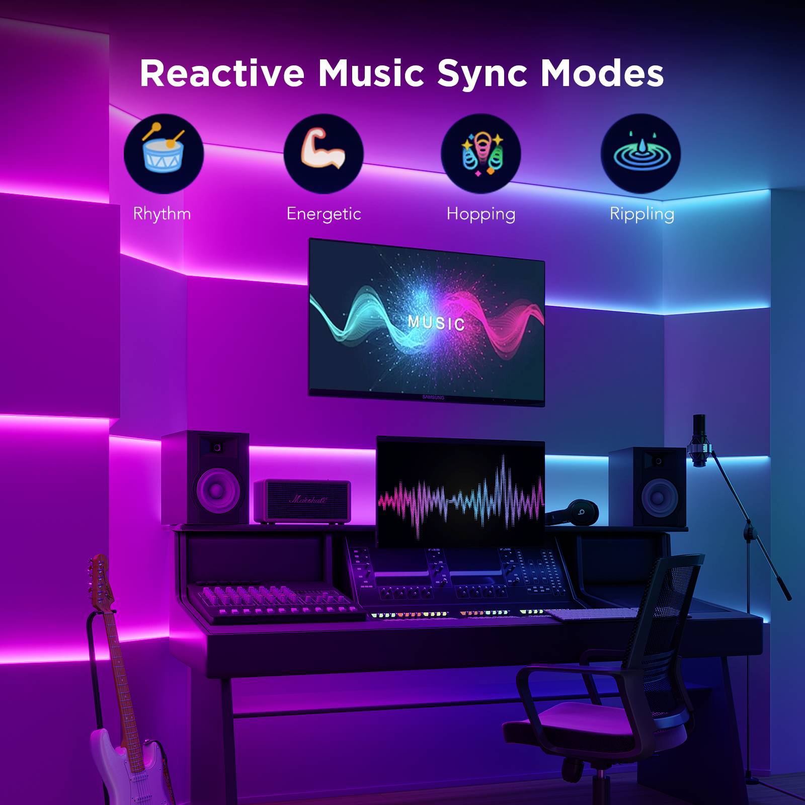 Musikstudio mit neonbeleuchteten Wänden; Bildschirme zeigen Visualisierungen. Text: 'Reactive Music Sync Modes': Rhythm, Energetic, Hopping, Rippling.