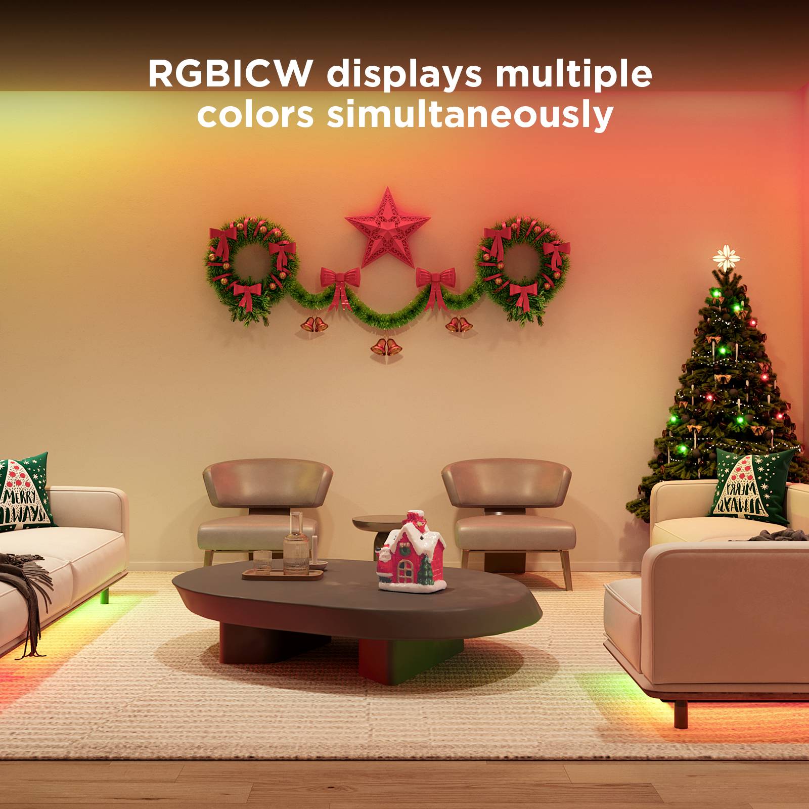 Wohnzimmer mit Weihnachtsbaum und Dekoration. Der Raum ist in verschiedenen Farben beleuchtet. Text im Bild: 'RGBICW displays multiple colors simultaneously'.
