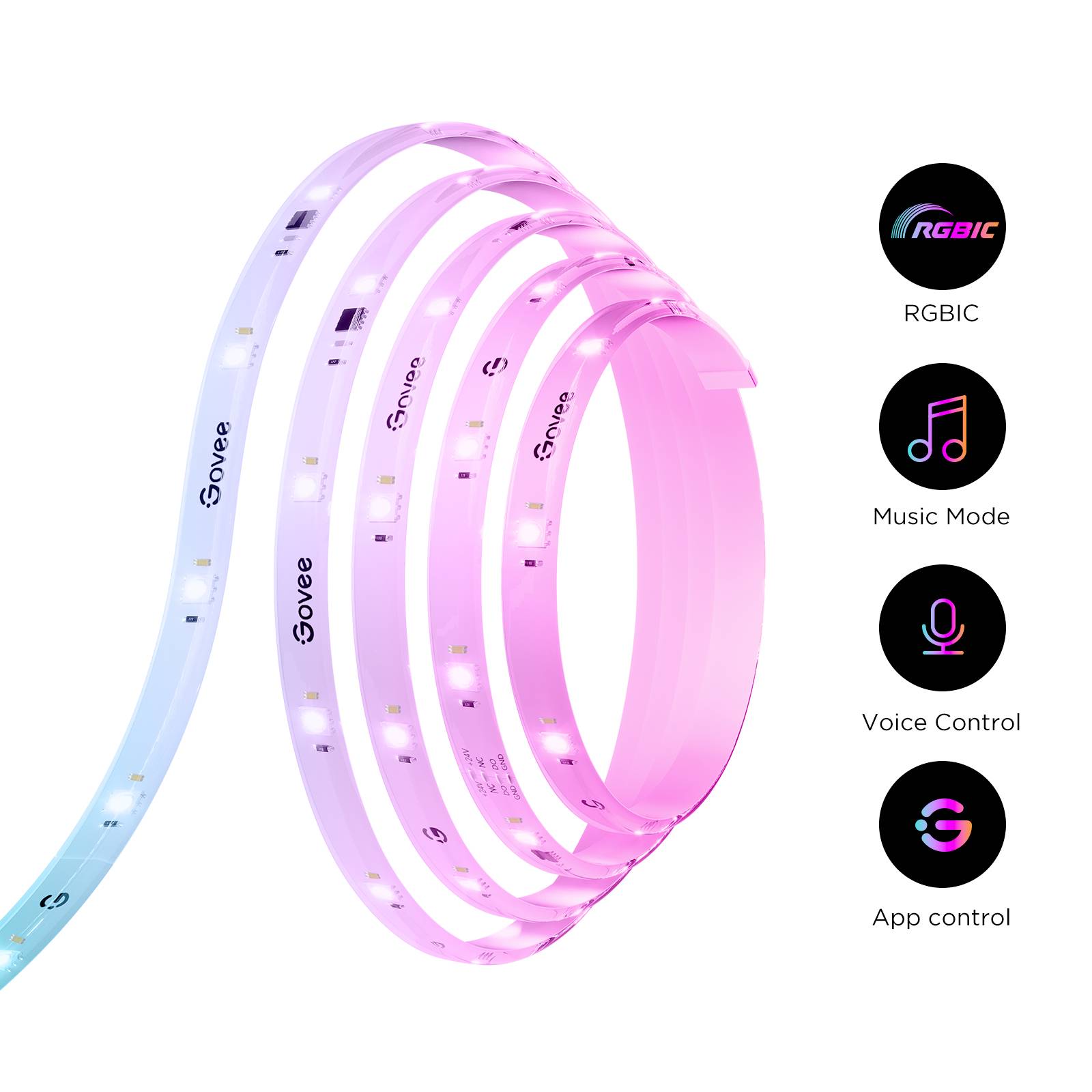 Leuchtstreifen in Blau zu Rosa mit Funktionen: RGBIC, Musikmodus, Sprachsteuerung, App-Steuerung. Markenname auf dem Band sichtbar.