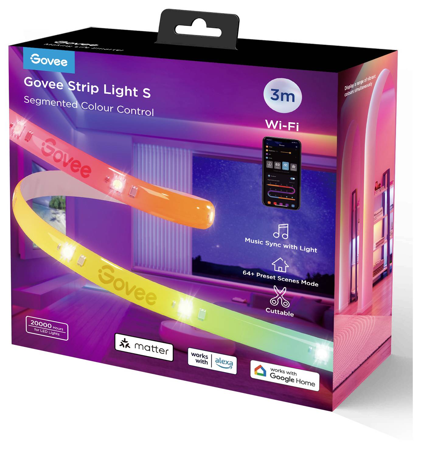Verpackung der Govee LED-Lichtleiste mit 3m Länge, Wi-Fi-Steuerung, Musik-Synchronisation, 64+ Szenenmodi und Kompatibilität mit Alexa und Google Home.