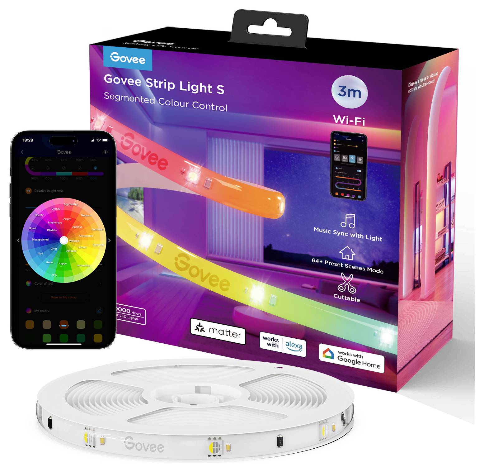 'Govee Strip Light S': LED-Lichtstreifen-Set mit Farbsegmentierung, steuerbar per App und sprachunterstützt, abgebildet mit Verpackung und Smartphone.