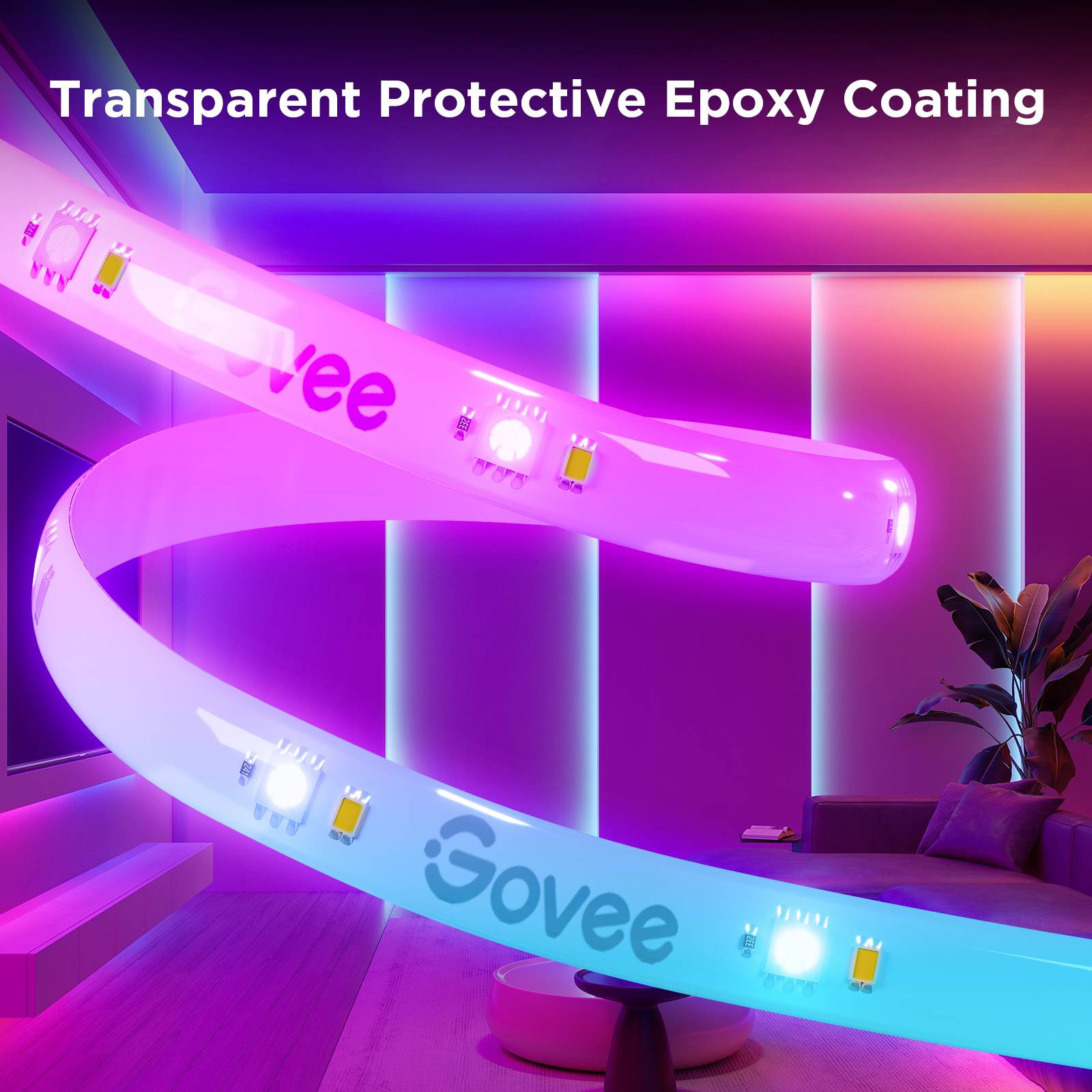 Lichtstreifen mit LED-Leuchten in pink und blau beleuchten einen modernen Raum, der mit Pflanzen dekoriert ist. Text: 'Transparent Protective Epoxy Coating'.