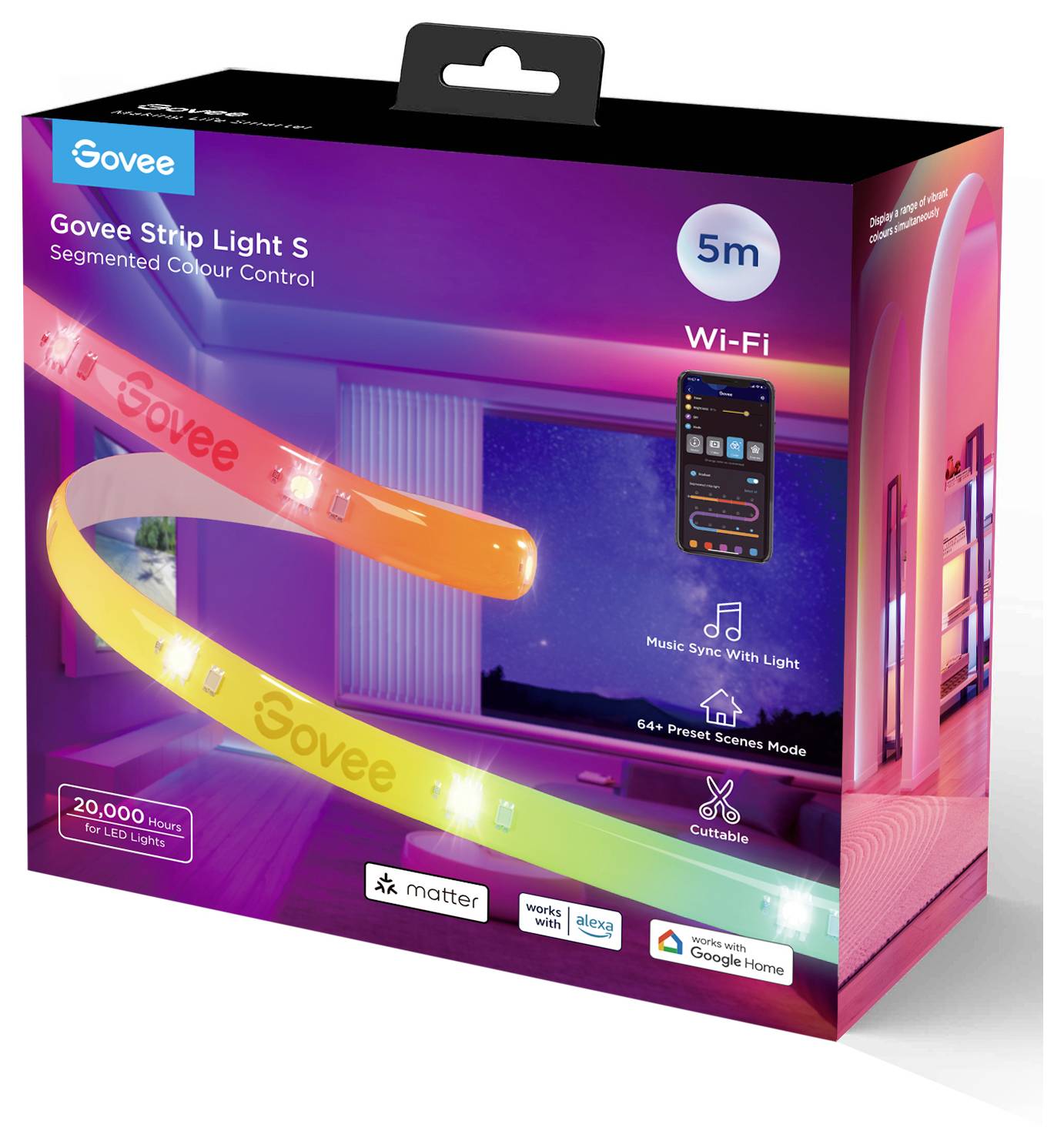 Verpackung einer 5m langen Govee LED-Lichtleiste mit WLAN. Funktionen wie Musik-Synchronisation und App-Steuerung werden hervorgehoben.