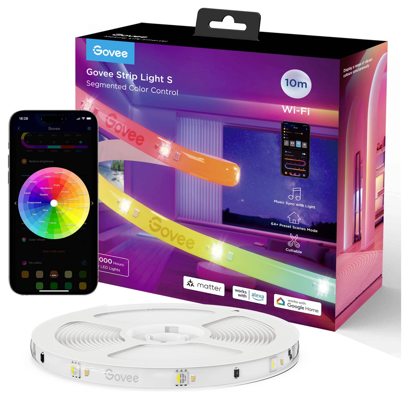 Verpackung eines Govee Lichtbands, 10 m, segmentierte Farbkontrolle, mit Smartphone-App zur Steuerung, kompatibel mit Alexa und Google Home.