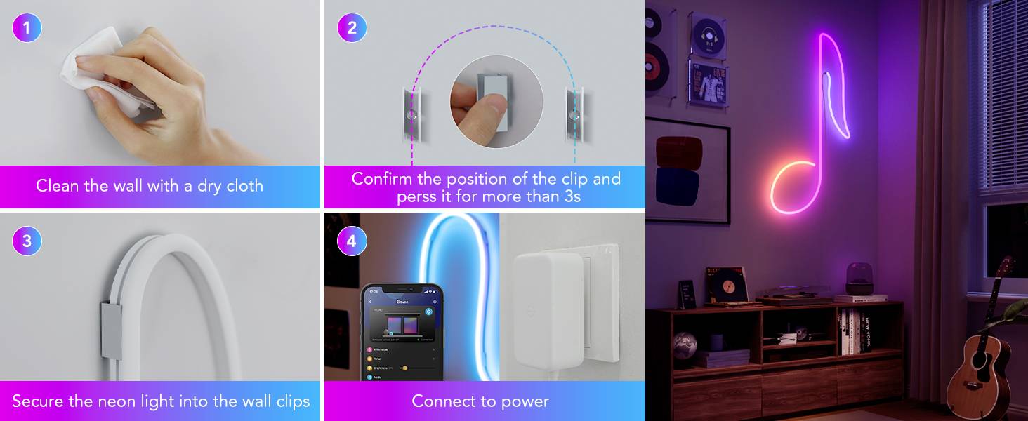 'Anleitung zur Installation eines LED-Neonlichts: Wand säubern, Clip positionieren, Licht anbringen, mit Strom verbinden.'