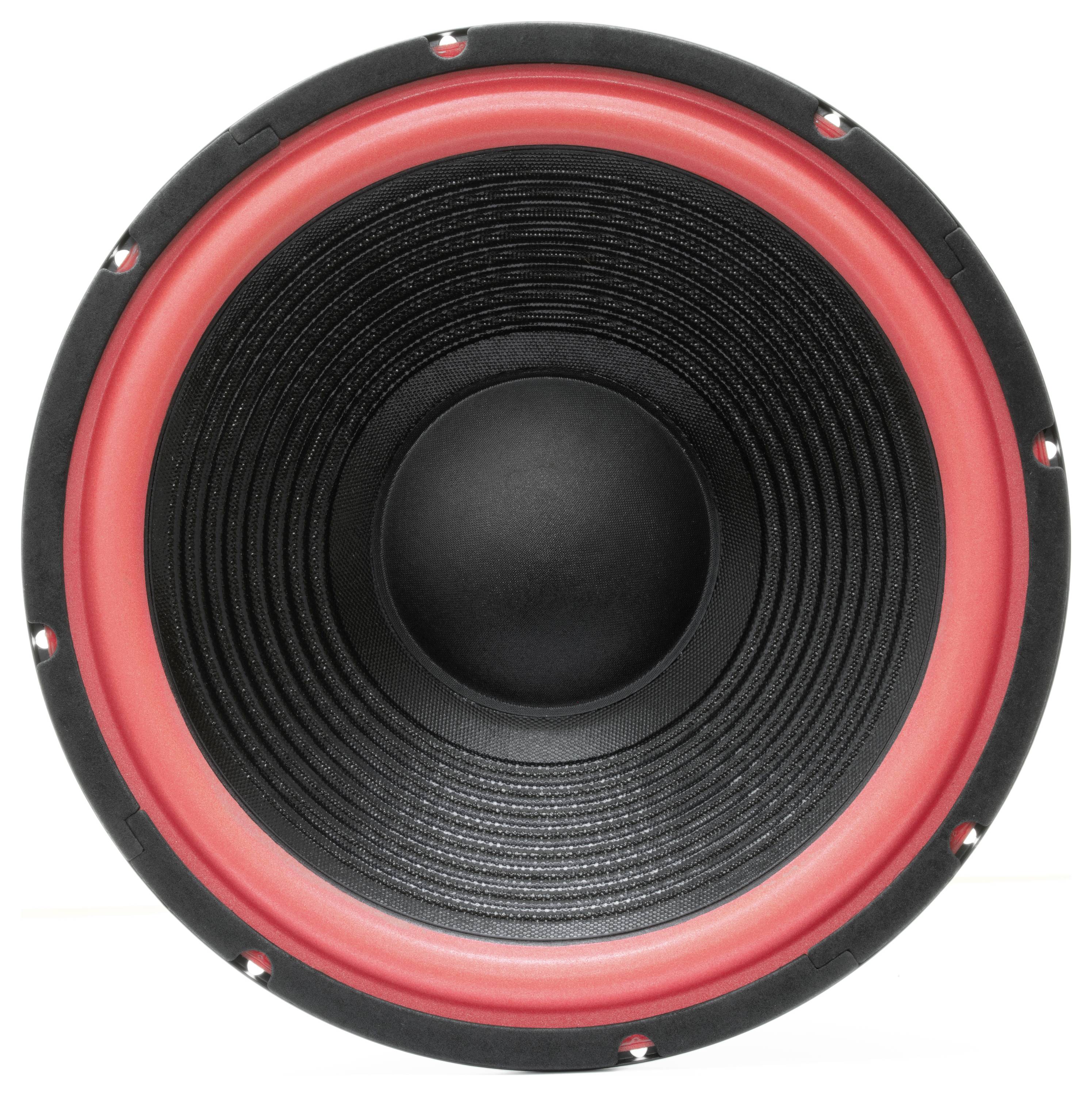 Lautsprecher mit rotem Rand und schwarzem Kegel in der Mitte.