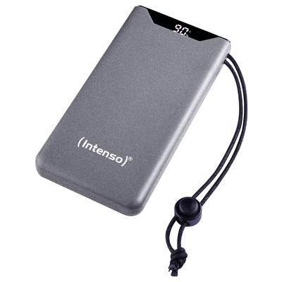 Graue Powerbank mit einem digitalen Display, das den Ladezustand anzeigt. Ein schwarzes Band ist an der Seite befestigt.