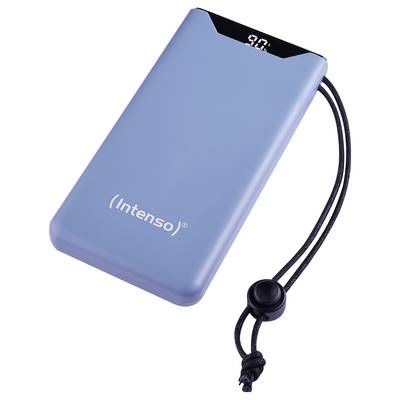 Blaue Powerbank mit Intenso-Logo und digitaler Ladeanzeige auf der Oberseite; ein Band ist an der Ecke befestigt.