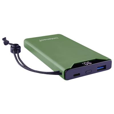 Grüne Powerbank mit abgerundeten Ecken, USB- und USB-C-Anschlüssen, Digitalanzeige und einer schwarzen Schlaufe zur Befestigung.