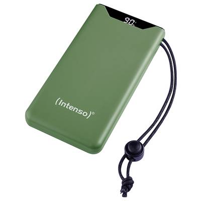 Grüne Powerbank mit LED-Anzeige auf der Vorderseite, zeigt den Ladezustand an. Runde Kordelschlaufe mit Knoten an einer Ecke.